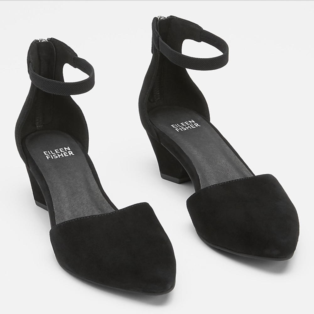 EILEEN FISHER JUST SUEDE ANKLE STRAP D’ORSAY PUMP BLACK HEEL SIZE 6 NWB